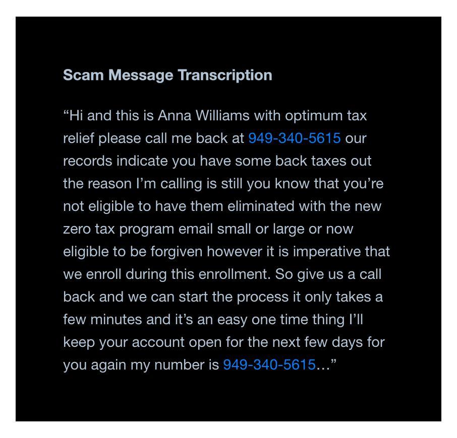January 2025 scam message transcript impersonating Optima Tax Relief