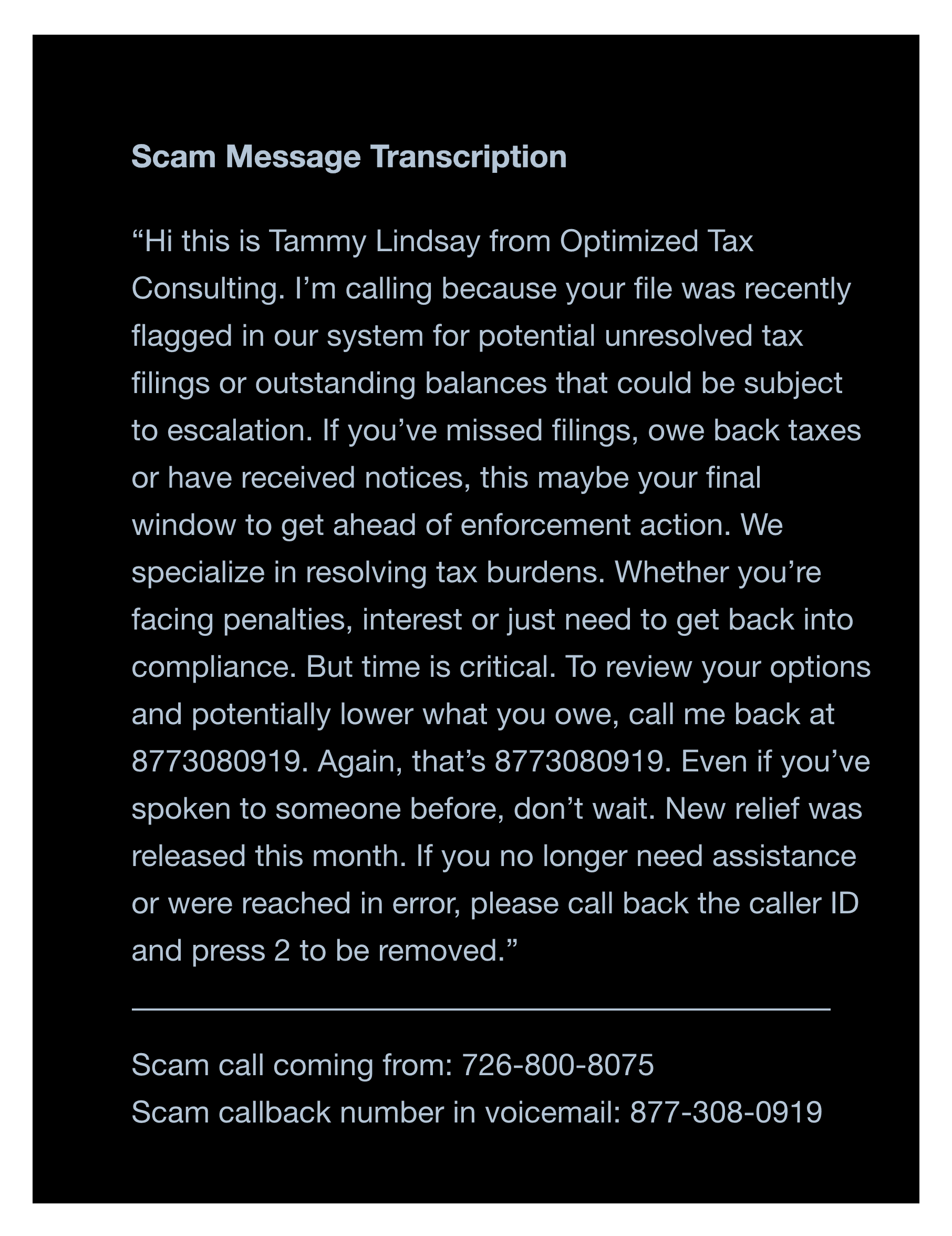 July 2025 Scam Caller pretending to be Optima Tax Relief Agent Message Transcript