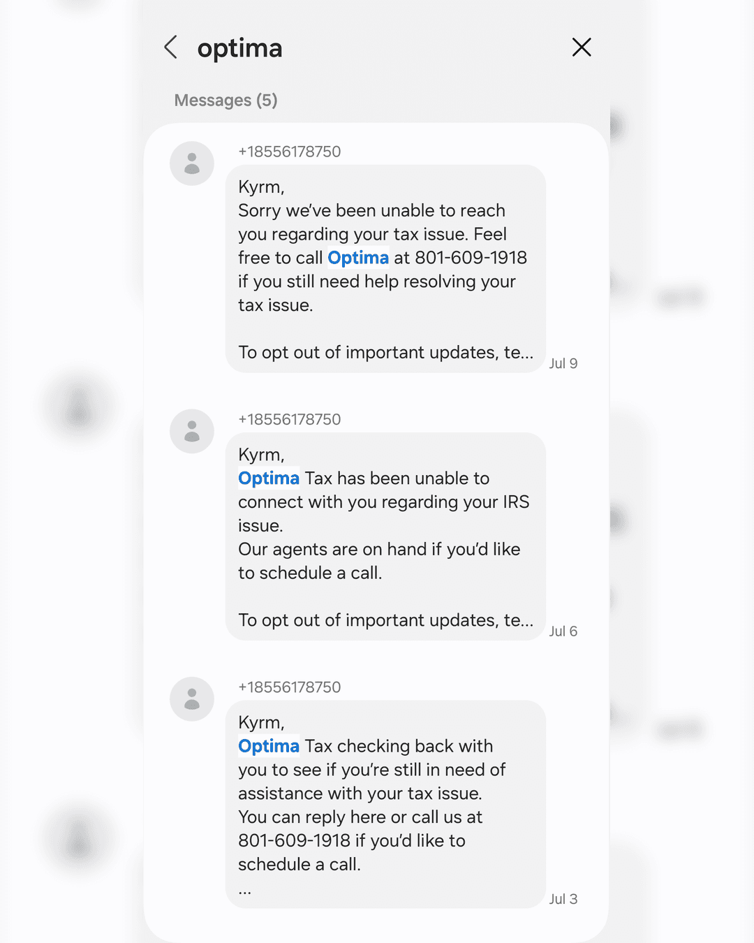Text Message Impersonating Optima Tax Relief
